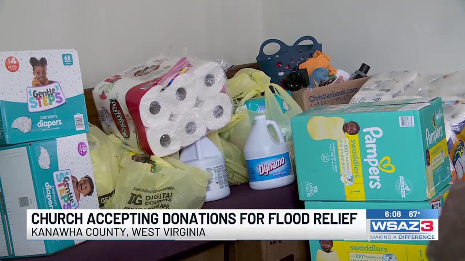 Diapers, cleaning products, and household supplies collected by the church for West Virginia flood relief